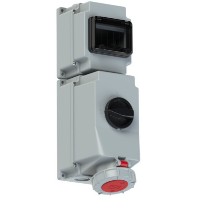 PCE Wall Mounted 5 Poles 6h 63A 400V Switched Interlocked Socket IP67, Dimension: 496 x 195mm. Profile Picture