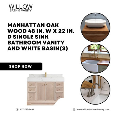 Manhattan Oak Wood 48 in. W x 22 in. D Single Sink Bathroom Vanity and White Basin(S) Profile Picture